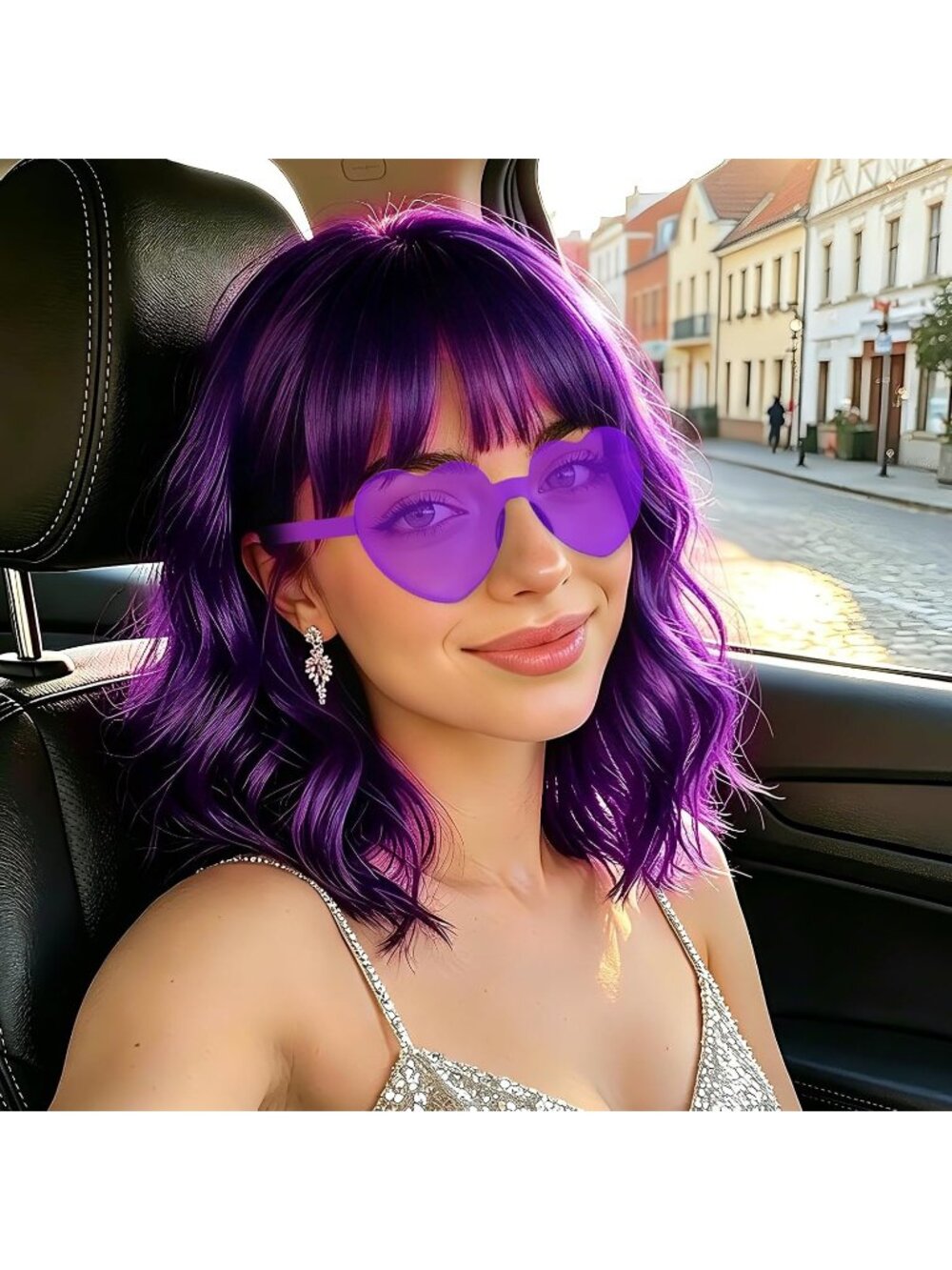 Women's Dark Purple Curly Bob Synthetic Wigs Bangs With Neon Heart Sunglasses